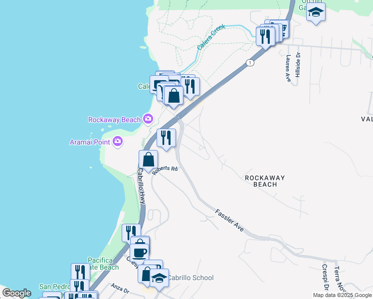 map of restaurants, bars, coffee shops, grocery stores, and more near 416 Copeland Street in Pacifica