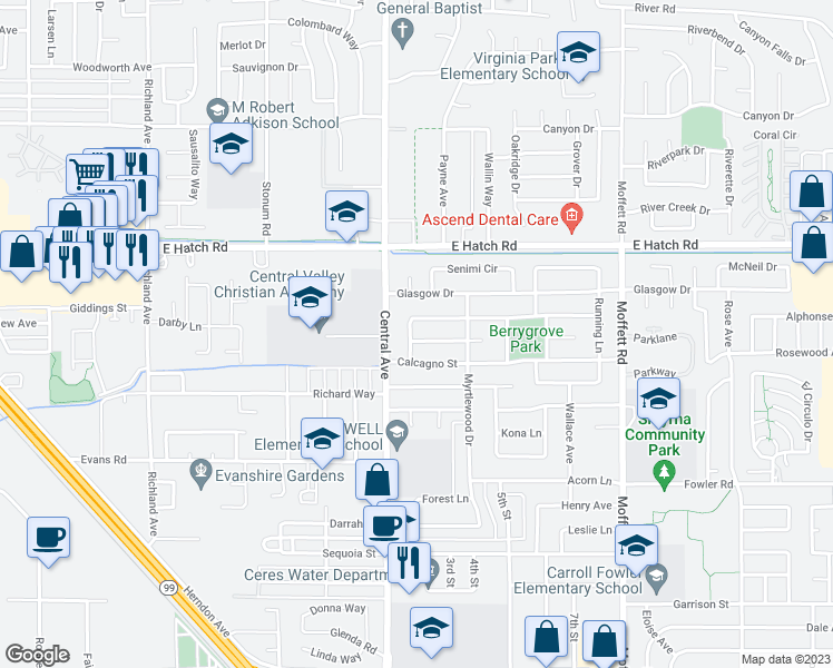 map of restaurants, bars, coffee shops, grocery stores, and more near 2205 Ridgeway Drive in Ceres