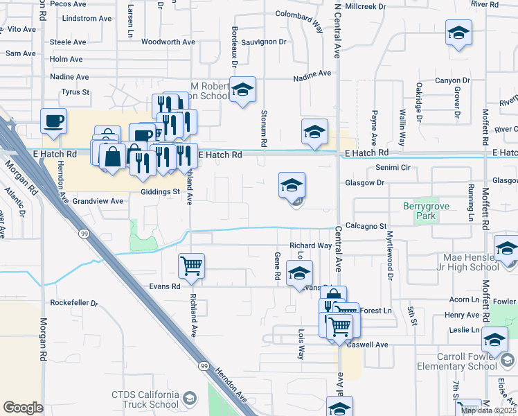 map of restaurants, bars, coffee shops, grocery stores, and more near 1859 Richard Way in Ceres