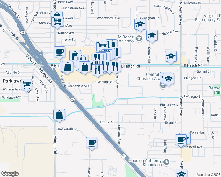 map of restaurants, bars, coffee shops, grocery stores, and more near 1625 Richland Avenue in Ceres