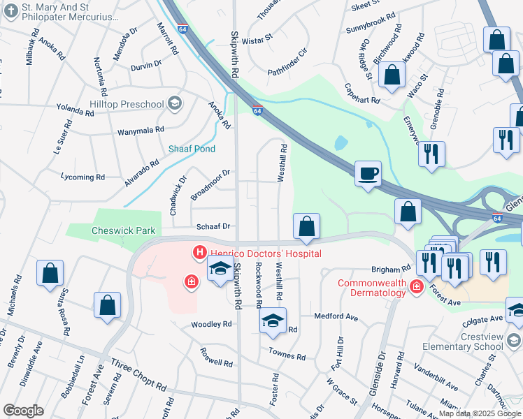 map of restaurants, bars, coffee shops, grocery stores, and more near 1717 Rockwood Road in Richmond