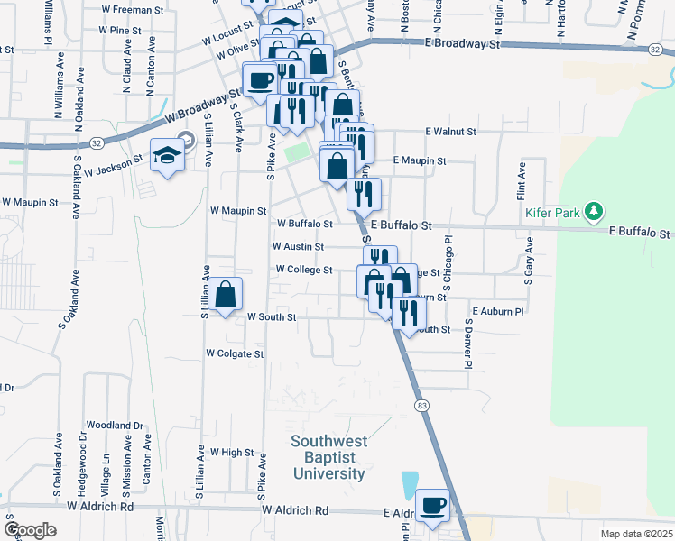 map of restaurants, bars, coffee shops, grocery stores, and more near 100-186 West College Street in Bolivar