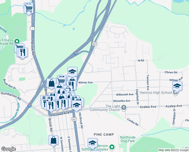 map of restaurants, bars, coffee shops, grocery stores, and more near 719 Brook Hill Road in Richmond