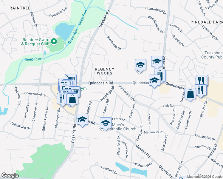 map of restaurants, bars, coffee shops, grocery stores, and more near 1408 Westridge Road in Henrico