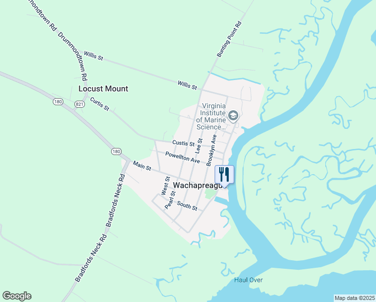 map of restaurants, bars, coffee shops, grocery stores, and more near Church Street in Melfa