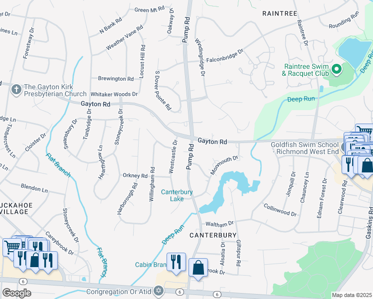 map of restaurants, bars, coffee shops, grocery stores, and more near 1604 Pump Road in Richmond