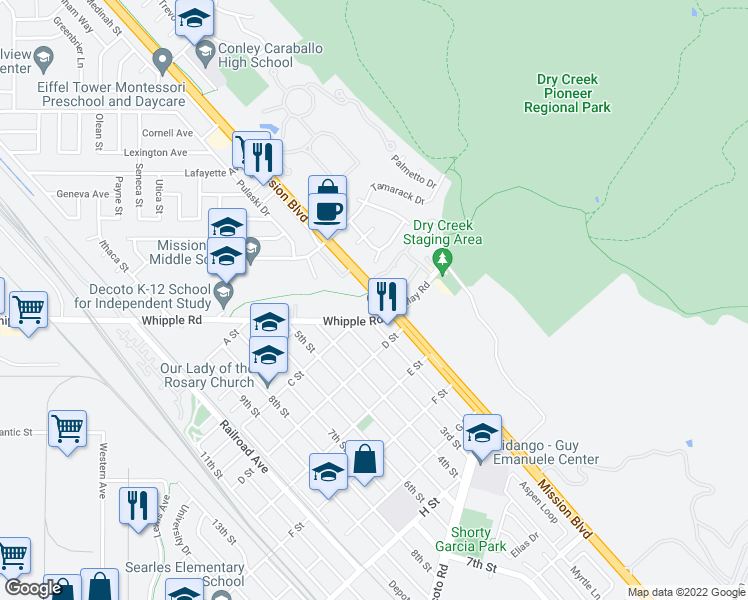 map of restaurants, bars, coffee shops, grocery stores, and more near 33325 Mission Boulevard in Union City