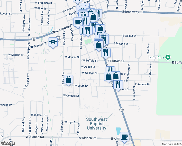 map of restaurants, bars, coffee shops, grocery stores, and more near 214 West College Street in Bolivar