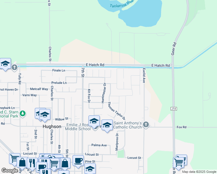 map of restaurants, bars, coffee shops, grocery stores, and more near 1632 Thomas Taylor Drive in Hughson