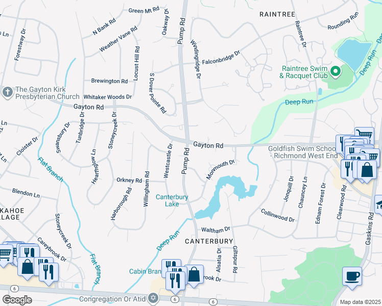 map of restaurants, bars, coffee shops, grocery stores, and more near 1604 Pump Road in Richmond
