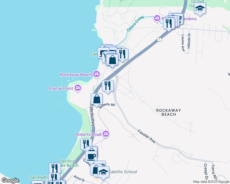 map of restaurants, bars, coffee shops, grocery stores, and more near 807 Fassler Avenue in Pacifica