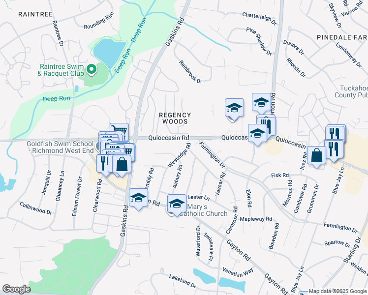 map of restaurants, bars, coffee shops, grocery stores, and more near 1406 Westridge Road in Richmond