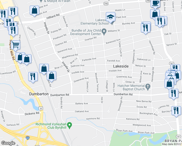 map of restaurants, bars, coffee shops, grocery stores, and more near 2809 Irisdale Avenue in Richmond