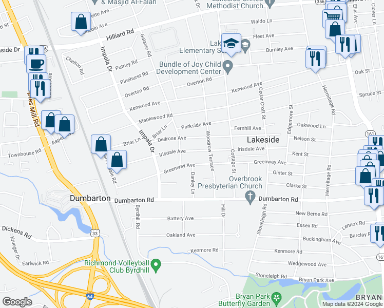 map of restaurants, bars, coffee shops, grocery stores, and more near 2817 Irisdale Avenue in Richmond