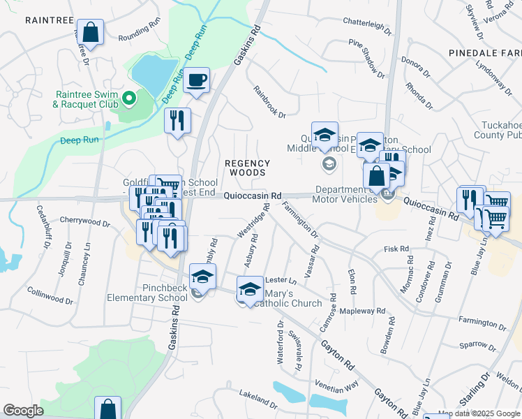 map of restaurants, bars, coffee shops, grocery stores, and more near 1406 Westridge Road in Richmond