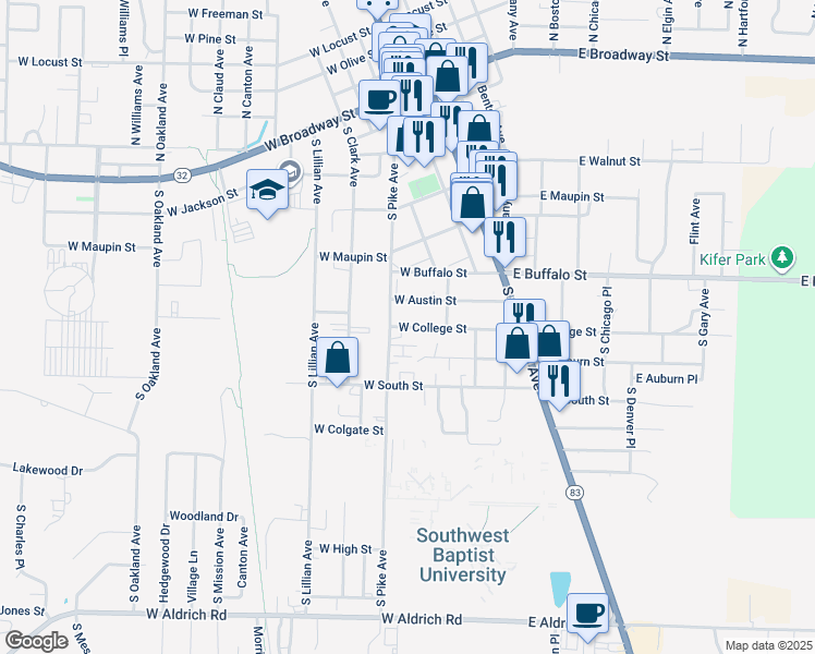 map of restaurants, bars, coffee shops, grocery stores, and more near 214 West College Street in Bolivar