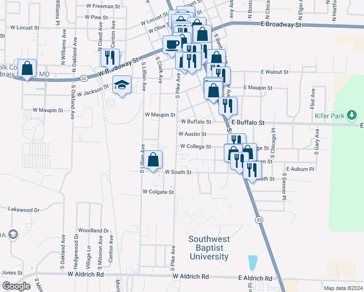 map of restaurants, bars, coffee shops, grocery stores, and more near 819 South Pike Avenue in Bolivar