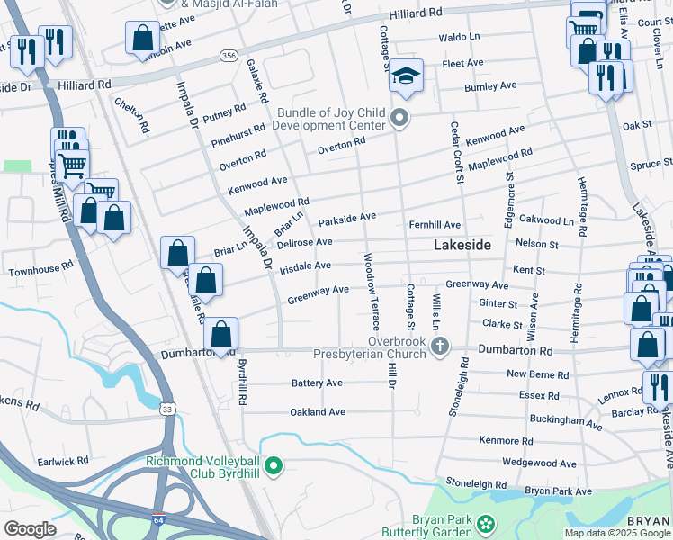 map of restaurants, bars, coffee shops, grocery stores, and more near 2817 Irisdale Avenue in Richmond