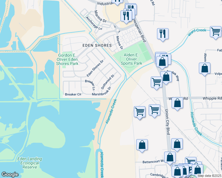 map of restaurants, bars, coffee shops, grocery stores, and more near 29144 Marshbrook Drive in Hayward