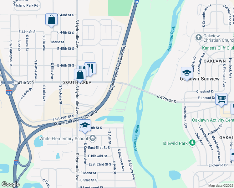 map of restaurants, bars, coffee shops, grocery stores, and more near 4843 South Madison Avenue in Wichita