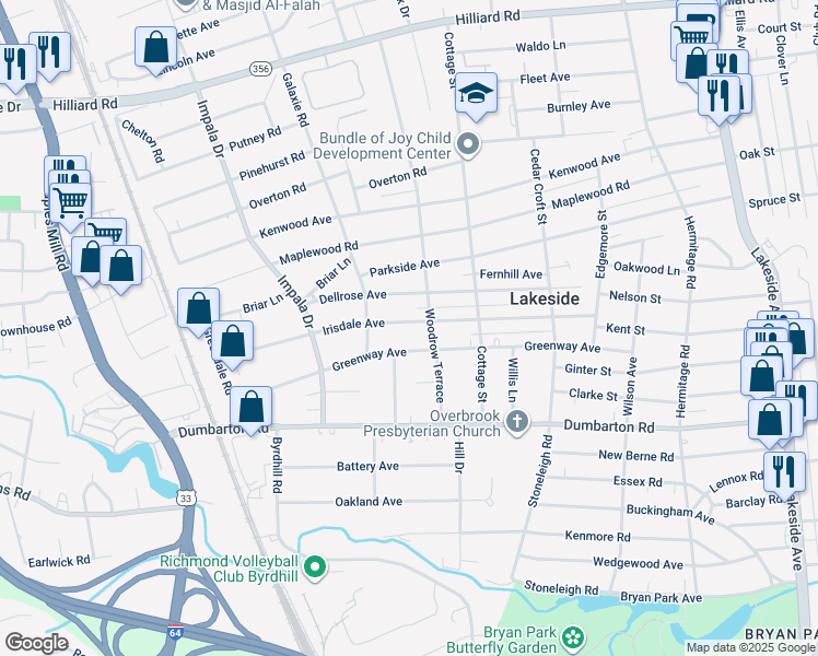 map of restaurants, bars, coffee shops, grocery stores, and more near 2809 Irisdale Avenue in Richmond