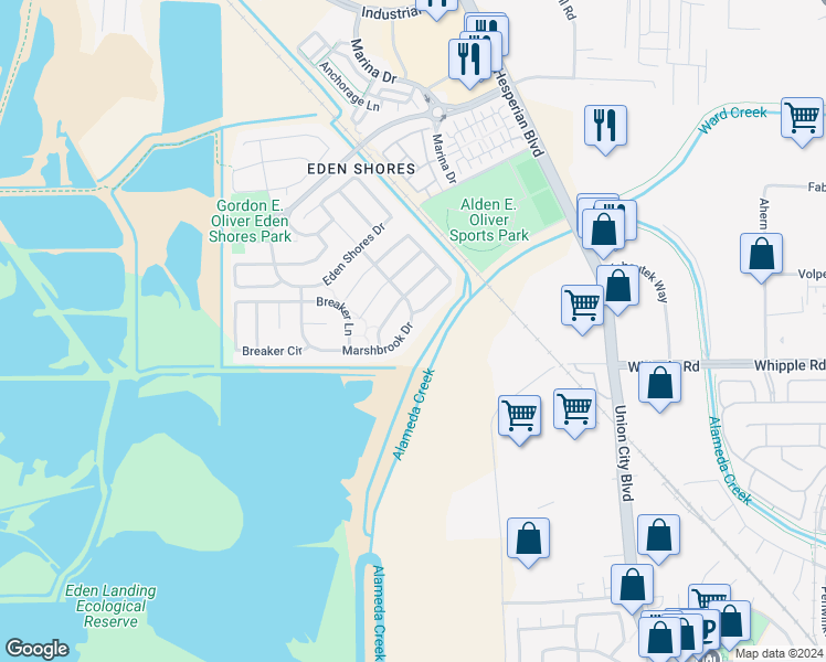 map of restaurants, bars, coffee shops, grocery stores, and more near 29144 Marshbrook Drive in Hayward