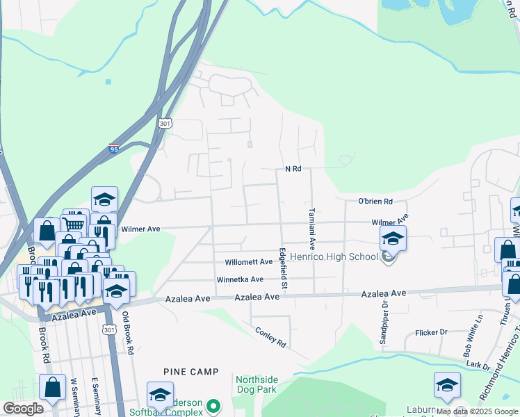 map of restaurants, bars, coffee shops, grocery stores, and more near 603 Elmfield Drive in Richmond