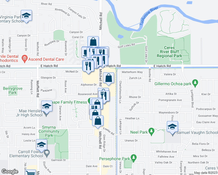 map of restaurants, bars, coffee shops, grocery stores, and more near 1670 Mitchell Road in Ceres