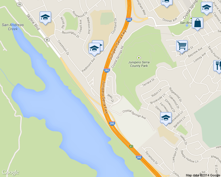 map of restaurants, bars, coffee shops, grocery stores, and more near 2000 Crystal Springs Road in San Bruno