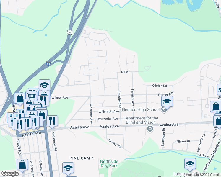 map of restaurants, bars, coffee shops, grocery stores, and more near 603 Elmfield Drive in Richmond
