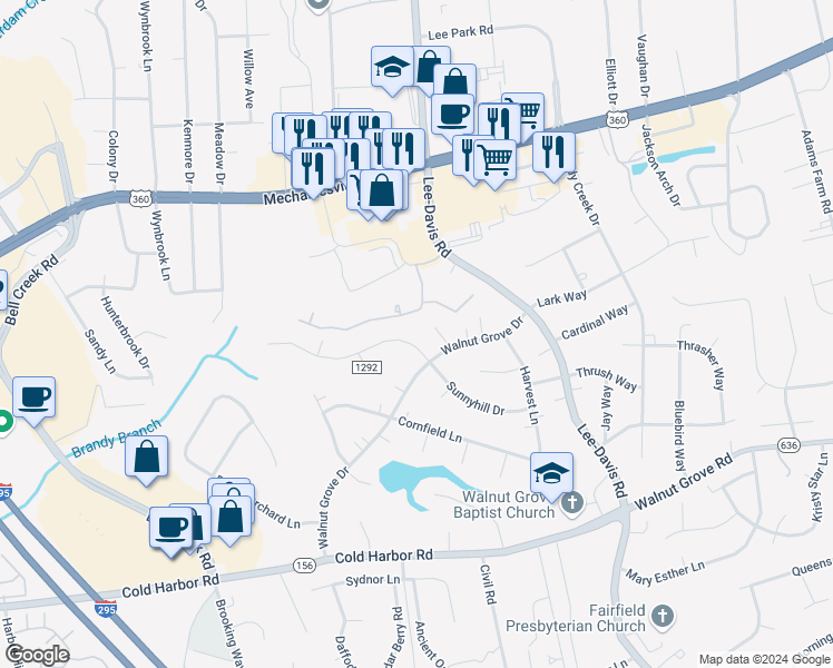 map of restaurants, bars, coffee shops, grocery stores, and more near 7064 Sunnyhill Drive in Mechanicsville