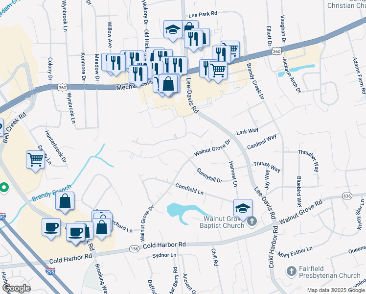 map of restaurants, bars, coffee shops, grocery stores, and more near 7064 Sunnyhill Drive in Mechanicsville
