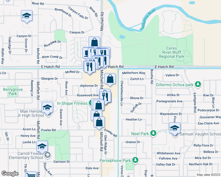 map of restaurants, bars, coffee shops, grocery stores, and more near 1670 Mitchell Rd in Ceres