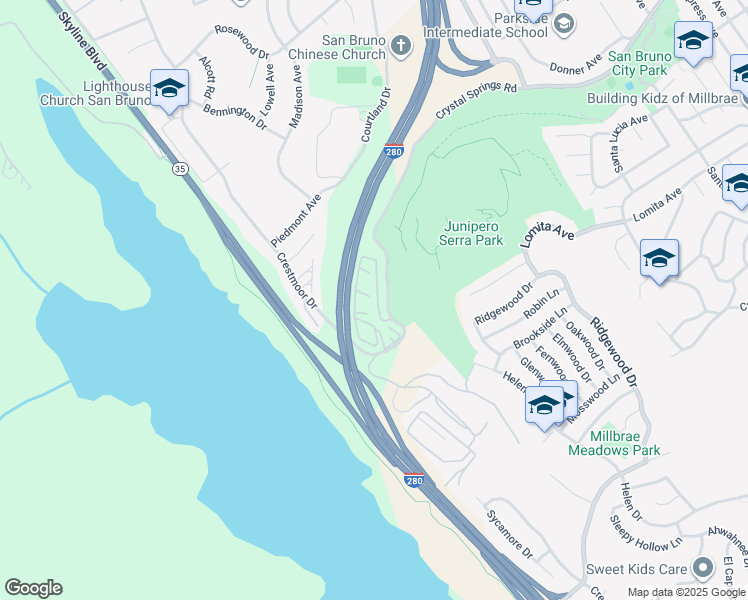map of restaurants, bars, coffee shops, grocery stores, and more near 2000 Crystal Springs Road in San Bruno
