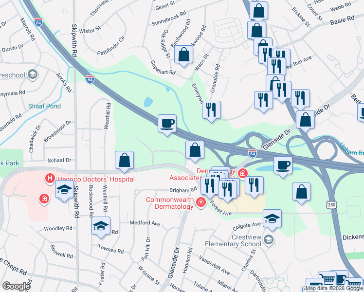 map of restaurants, bars, coffee shops, grocery stores, and more near 7200 Glen Forest Drive in Richmond