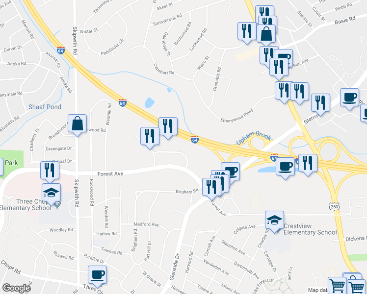 map of restaurants, bars, coffee shops, grocery stores, and more near 7200 Glen Forest Drive in Richmond