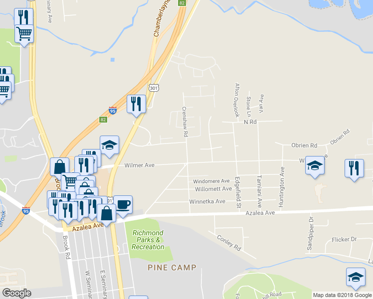 map of restaurants, bars, coffee shops, grocery stores, and more near 5530 Crenshaw Road in Richmond