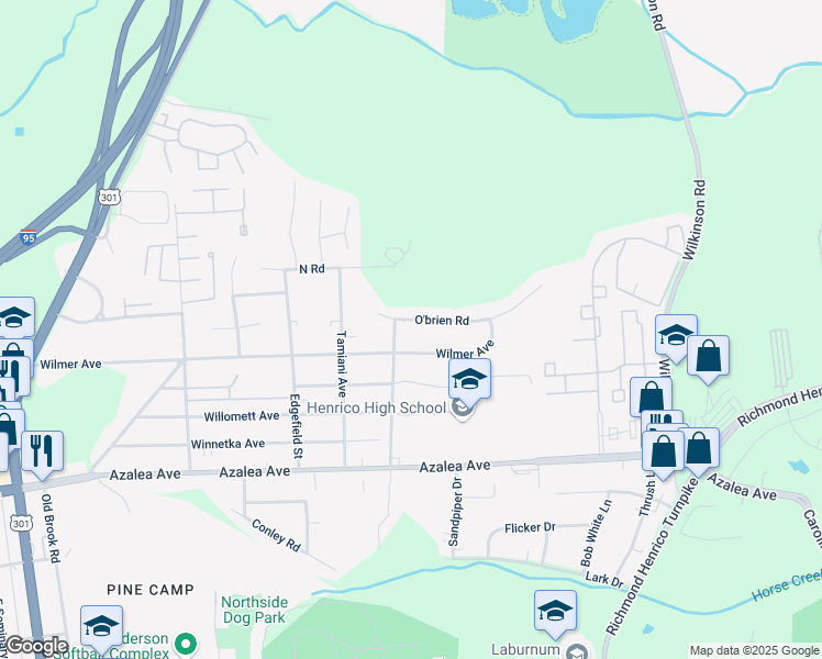 map of restaurants, bars, coffee shops, grocery stores, and more near 325 O'brien Road in Richmond