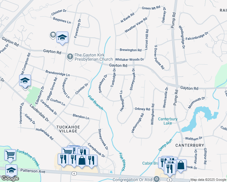 map of restaurants, bars, coffee shops, grocery stores, and more near 1605 Tunbridge Drive in Richmond