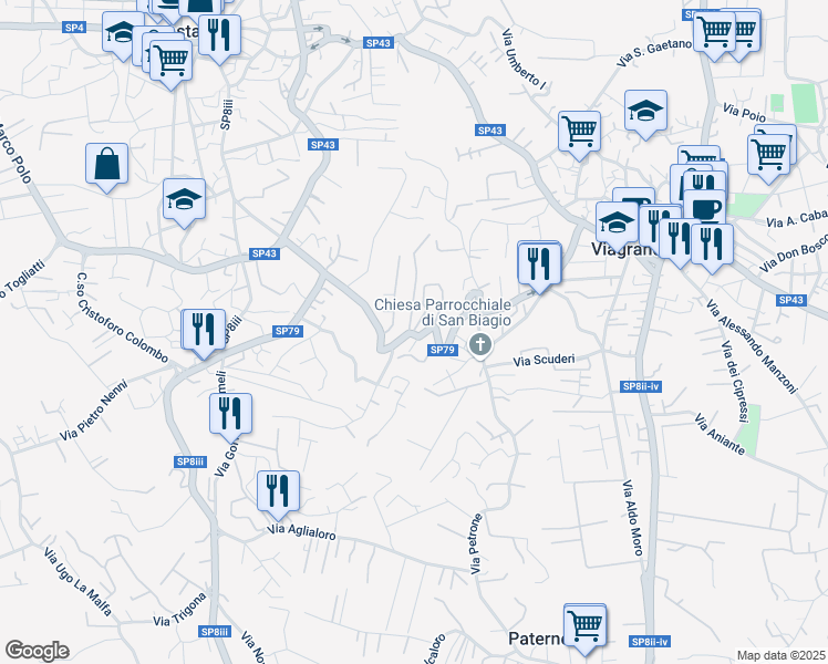map of restaurants, bars, coffee shops, grocery stores, and more near 21 Via Caronda in Viagrande