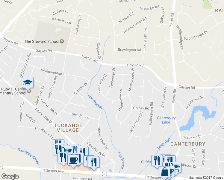 map of restaurants, bars, coffee shops, grocery stores, and more near 1605 Tunbridge Drive in Richmond