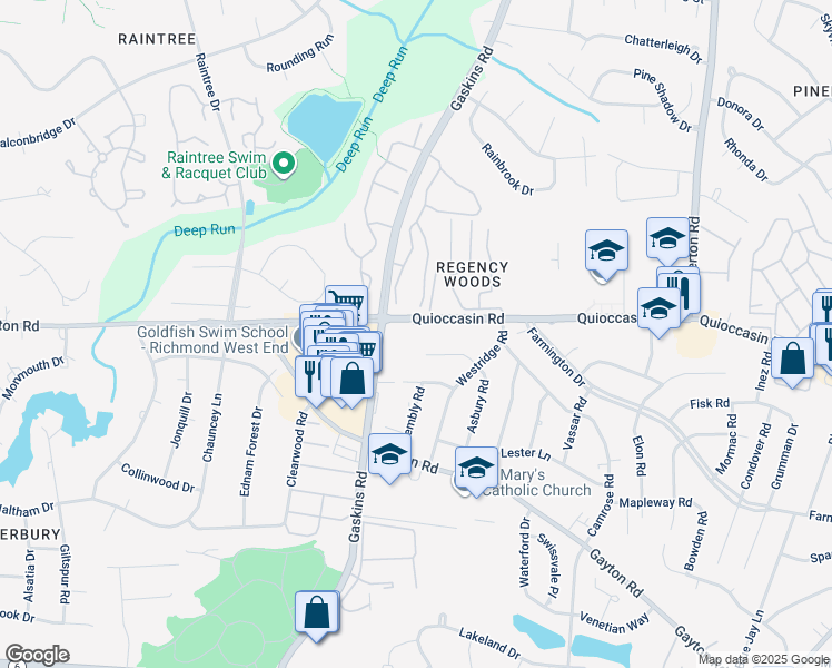 map of restaurants, bars, coffee shops, grocery stores, and more near 9623 Quioccasin Road in Henrico