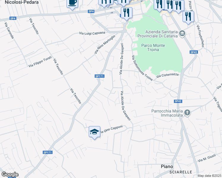 map of restaurants, bars, coffee shops, grocery stores, and more near 9 Via Dei Girasoli in Pedara