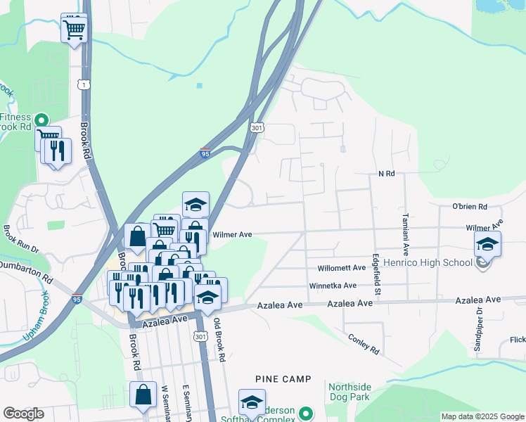 map of restaurants, bars, coffee shops, grocery stores, and more near 717 Brook Hill Road in Richmond