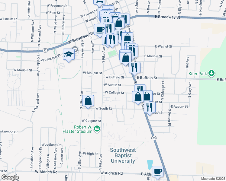 map of restaurants, bars, coffee shops, grocery stores, and more near 214 West College Street in Bolivar