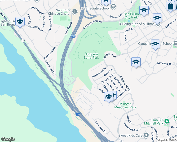 map of restaurants, bars, coffee shops, grocery stores, and more near 1385 Terrace Drive in Millbrae