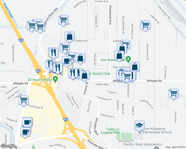 map of restaurants, bars, coffee shops, grocery stores, and more near 31353 Huntwood Avenue in Hayward