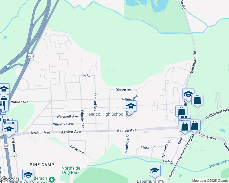 map of restaurants, bars, coffee shops, grocery stores, and more near 325 O'brien Road in Richmond