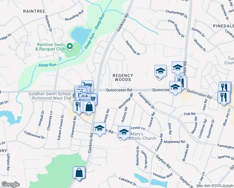 map of restaurants, bars, coffee shops, grocery stores, and more near 9613 Quioccasin Road in Henrico