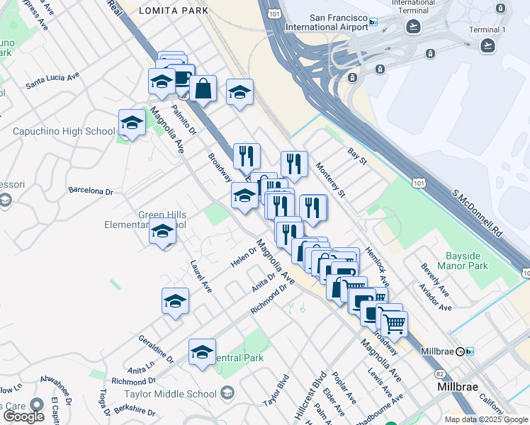 map of restaurants, bars, coffee shops, grocery stores, and more near 1101 El Camino Real in Millbrae